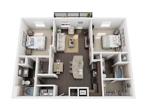 Floor plan for 2 beds, 2 baths, 1070 sqft